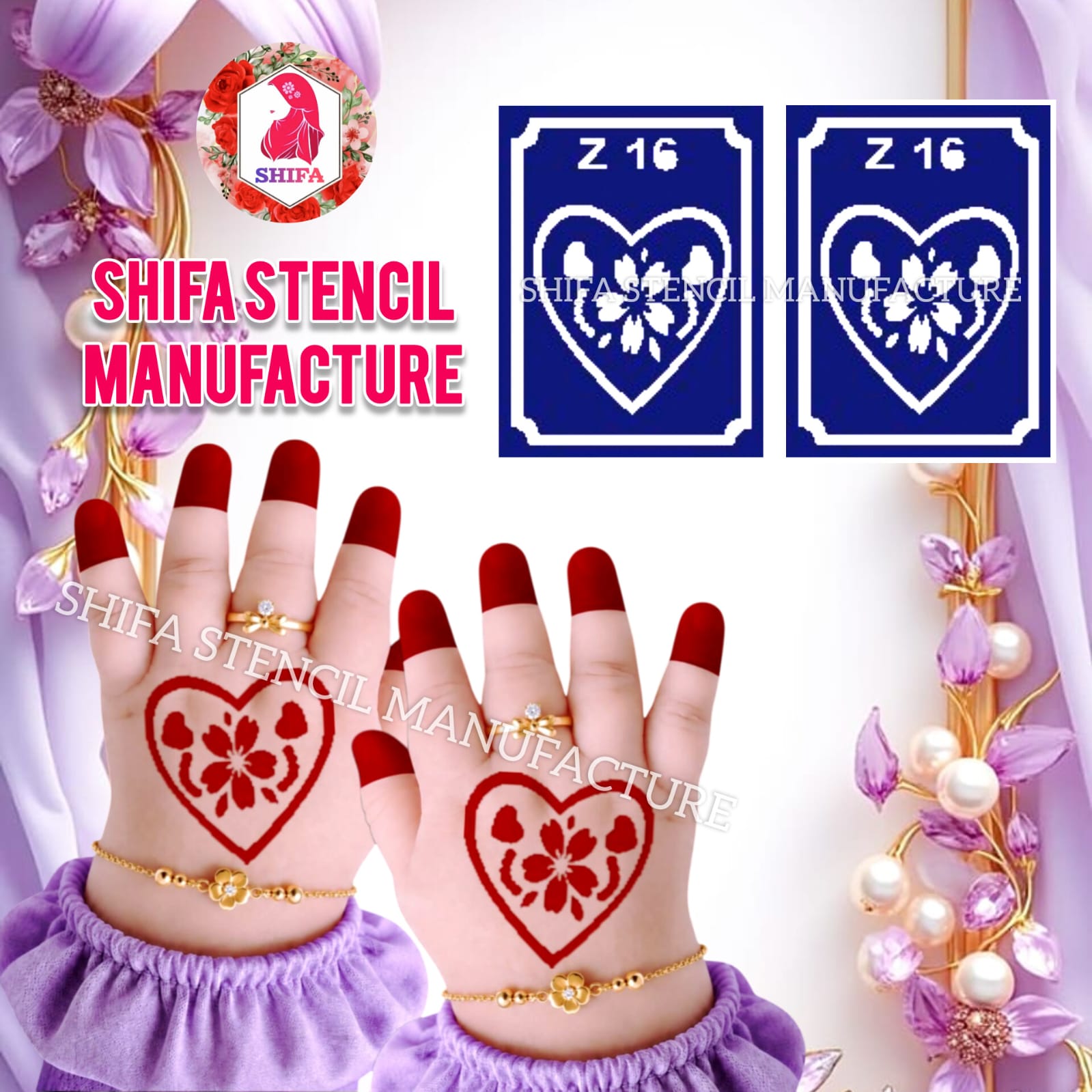 Z 16 Floral Heart Embrace Sticker Overview Henna Stencil - Shifa Stencil